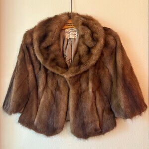VTG 50s 60s Weisinger's Brown Mink Fur Cropped Jacket Shawl Collar Pockets Sz M